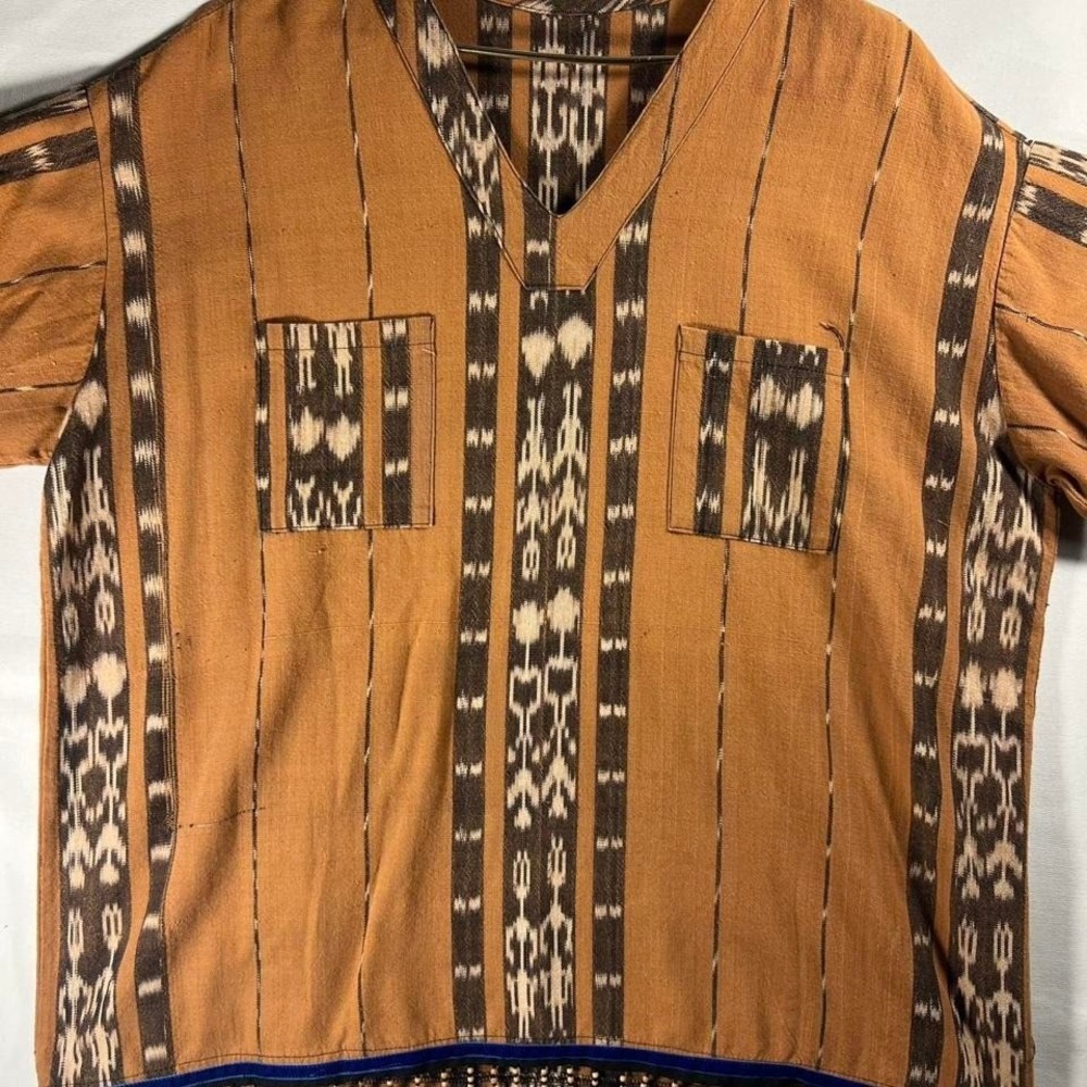 VTG Unique Boho indie aztec western fringe shirt Israelite 12 tribes border blue